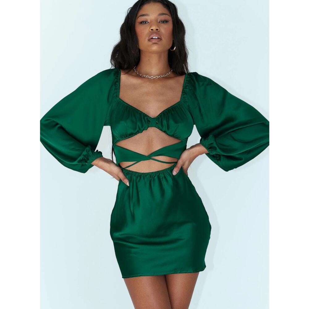 Princess Polly Nakita Mini Dress Forest Green 4 Satin Cut‎ Out Smocked Chic